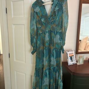Anthropologie Blue Ruffled Tiered Long Sleeve Dress